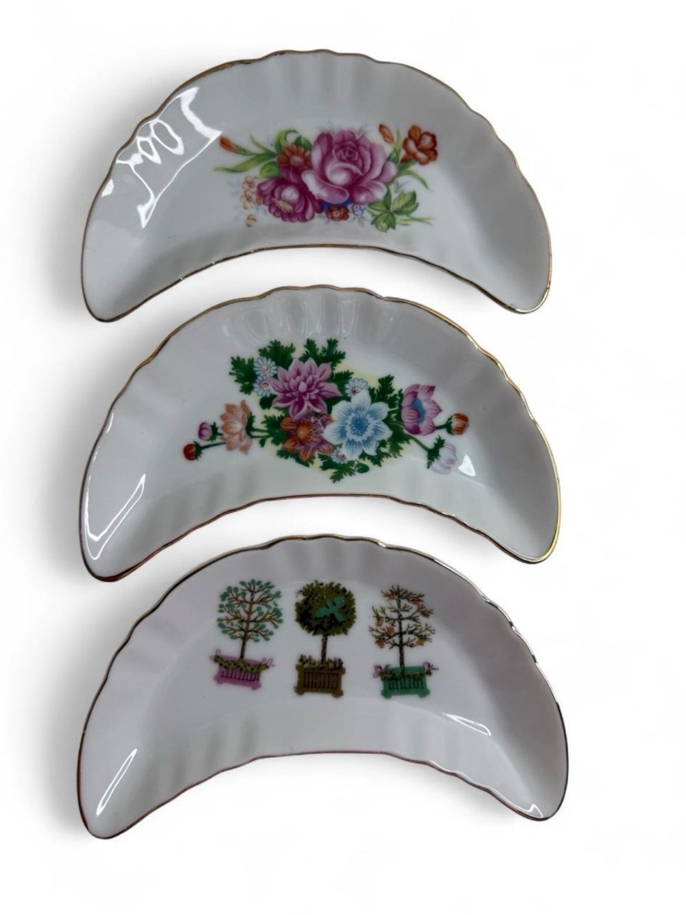 Vintage Chadwick Japan Porcelain Bone Dishes Set of 3 Floral Gold Trim